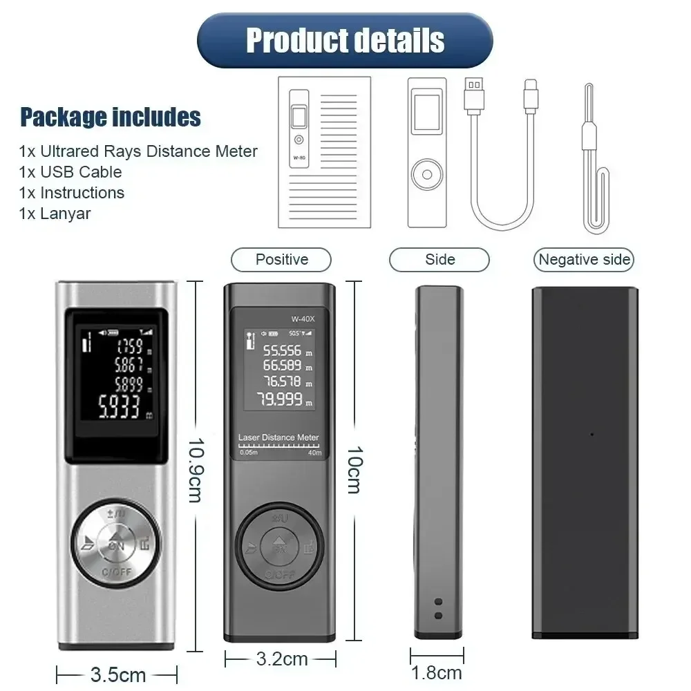 Mini Rangefinder Laser Distance Meter 40M 60M Multi-angel Laser Measuring Tool Rechargeable Digital Range Finder Area Volume