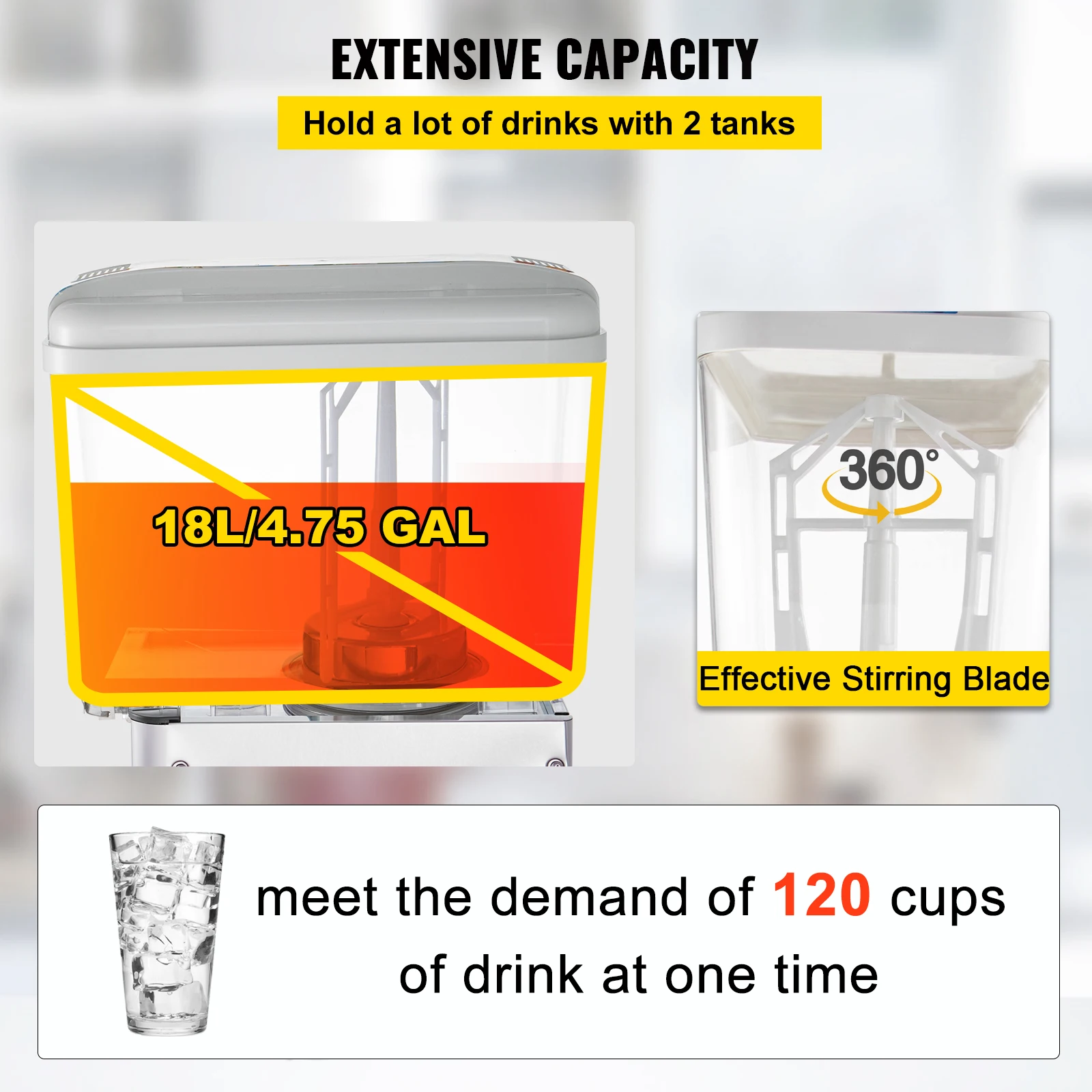 VEVOR Commercial Beverage Dispenser, 18L X 2 Tanks Juice Dispenser, 300W Food Grade Stainless Steel Ice Tea Drink Dispenser 4