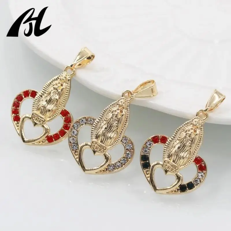 Oro Laminado 14K 18K Placcato Oro Colore Zircone Ciondolo A Forma Di Cuore Vergine Maria Gioielli Religiosi Collana Pendente
