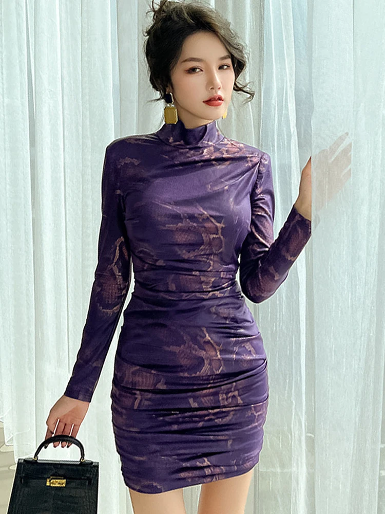 Retro Elegant Fashion Dresses for Women 2023 Purple Snake Print Bodycon  Skinny Mini Dress Party Femme Clothes Prom Club Vestidos