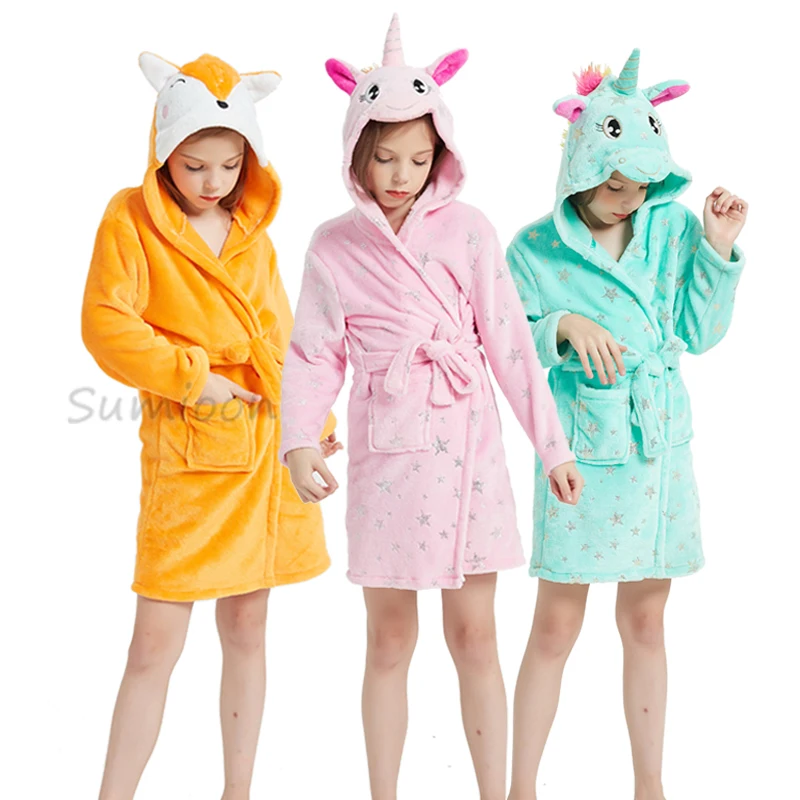 New Winter Big Boys Girls Bath Robe Children Unicorn Hooded Flannel Pajamas Lengthen Bathrobes for Teenage Boy Cartoon Pajamas