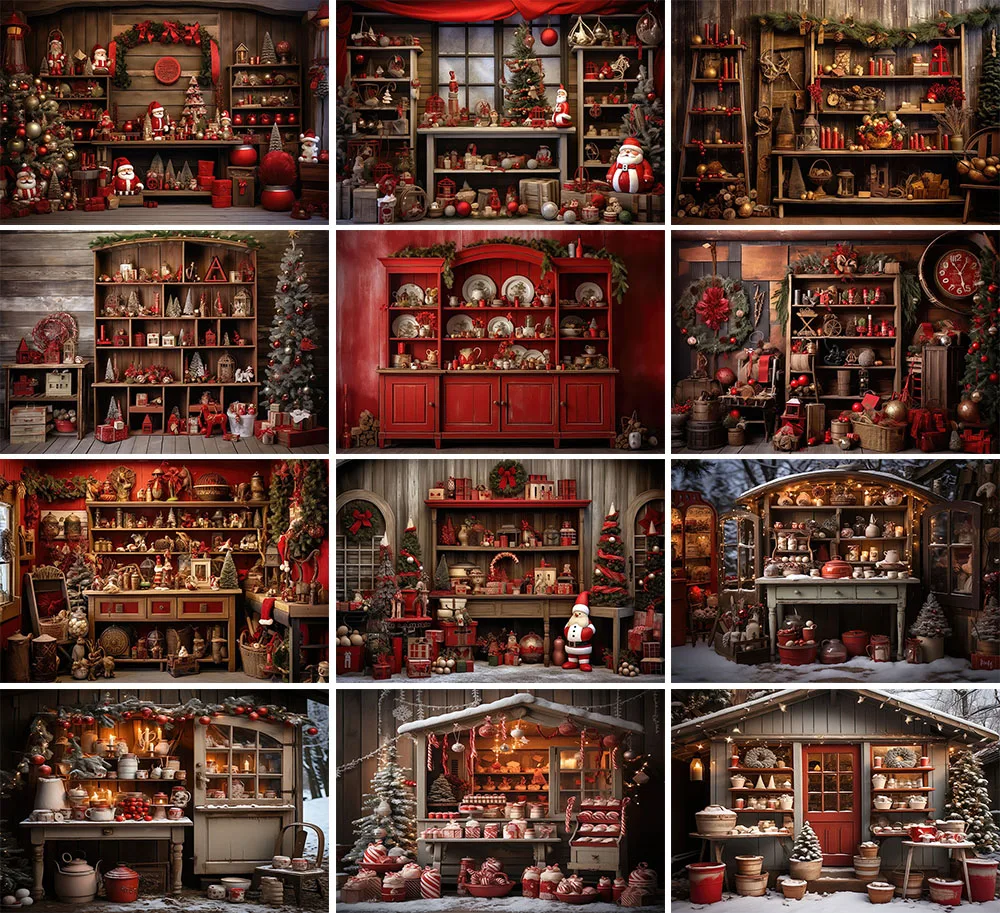 

Mehofond Christmas Kitchen Backdrop Bustic Wood Red Cupboard Adult Children Winter Santa Claus Portrait Backgrounds Photo Studio
