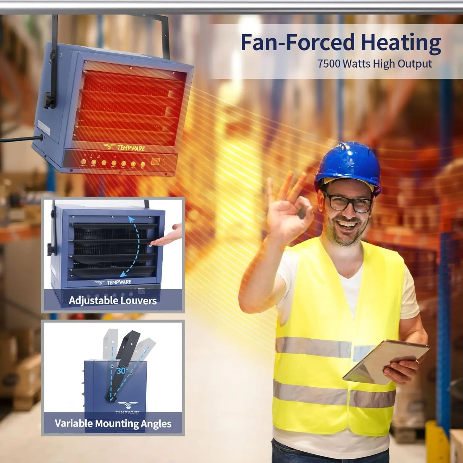Garage Heater, 7500-Watt Digital Fan-Forced Ceiling Mount Shop Heater with Full-Function Remote, 240-Volt Hardwired Heater