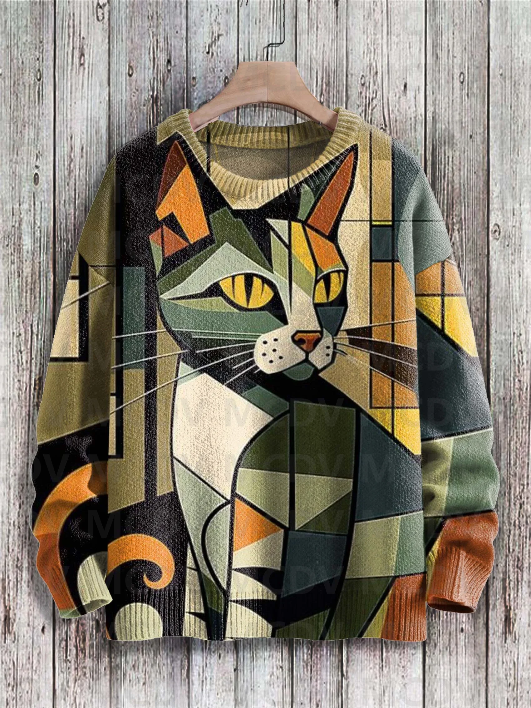 Abstract Art Cat Multicolor Print Casual Pullover Knit Sweater Women For Men Sweater