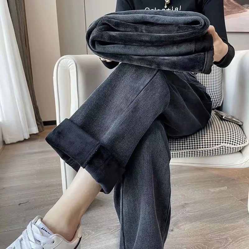 2023 한국 패딩 두꺼운 와이드 레그 청바지, 따뜻한 외부 스트레이트 드레이프 드래그 팬츠, 헐렁한 바지