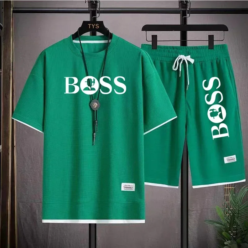 Fashion men's casual sports set new 2025 summer outdoor breathable round neck men short sleeve T-shirt + shorts two sets