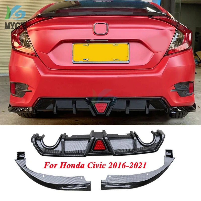 

For Honda Civic 2016-2021（With light）High Quality ABS Bright black & ABS Carbon Bumper Rear Trunk Diffuser Bumper Lip Spoiler
