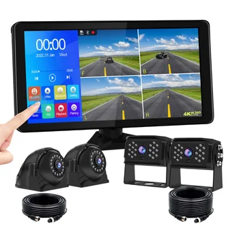 Monitor Dash Cam da 10 Pollici con Schermo Diviso in 4, Impermeabile, Telecamera Anteriore e Posteriore 1080P per Camion, Rimorchio, Autobus, Camper, Wireless Carplay Android Auto
