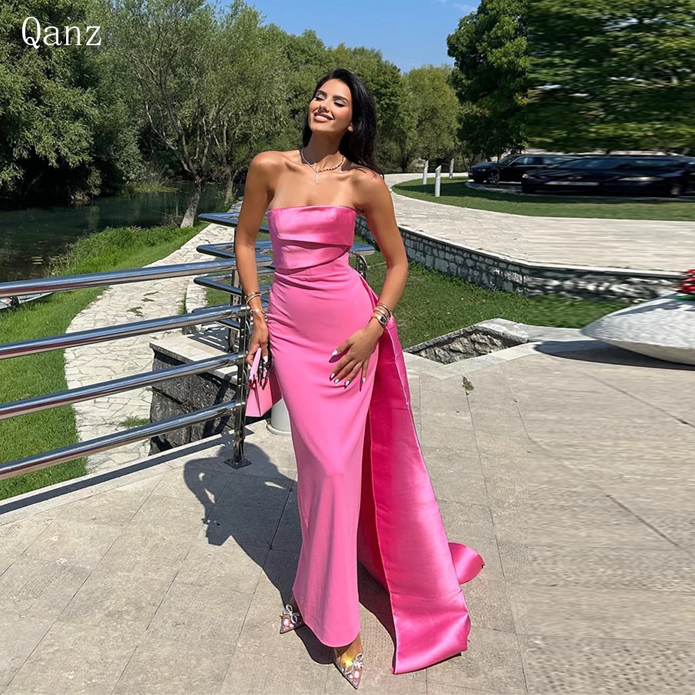 

Qanz Mermaid Satin Prom Dresses With Detachable Train Girls Formal Party Evening Gowns Strapless Simple Formal Occasion Dresses