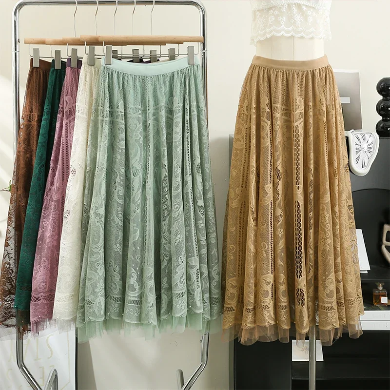 

Women Chic Lace Mesh Pleated Full Skirt High Waist Elegant Korean Fashion Fairycore A-line Sweet Casual Summer Clothing