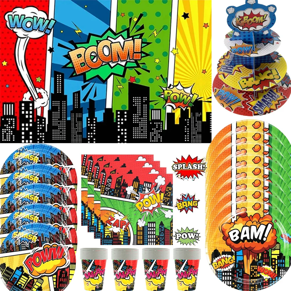 Superhero City Building Birthday Balloons Stickers Decoration Supplies Plates Tissues Decoration & Accessories table baby shower