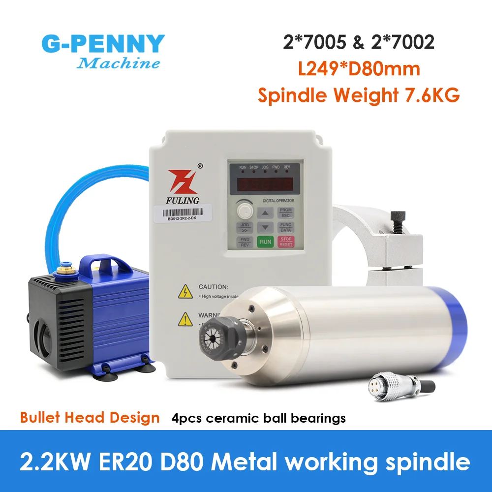 G-Penny 2,2 kW ER20 Metallspindel Wassergekühlter Spindelmotor-Kit 12000 U/min 400Hz Frequenzantrieb für Metall, Eisen, Edelstahl