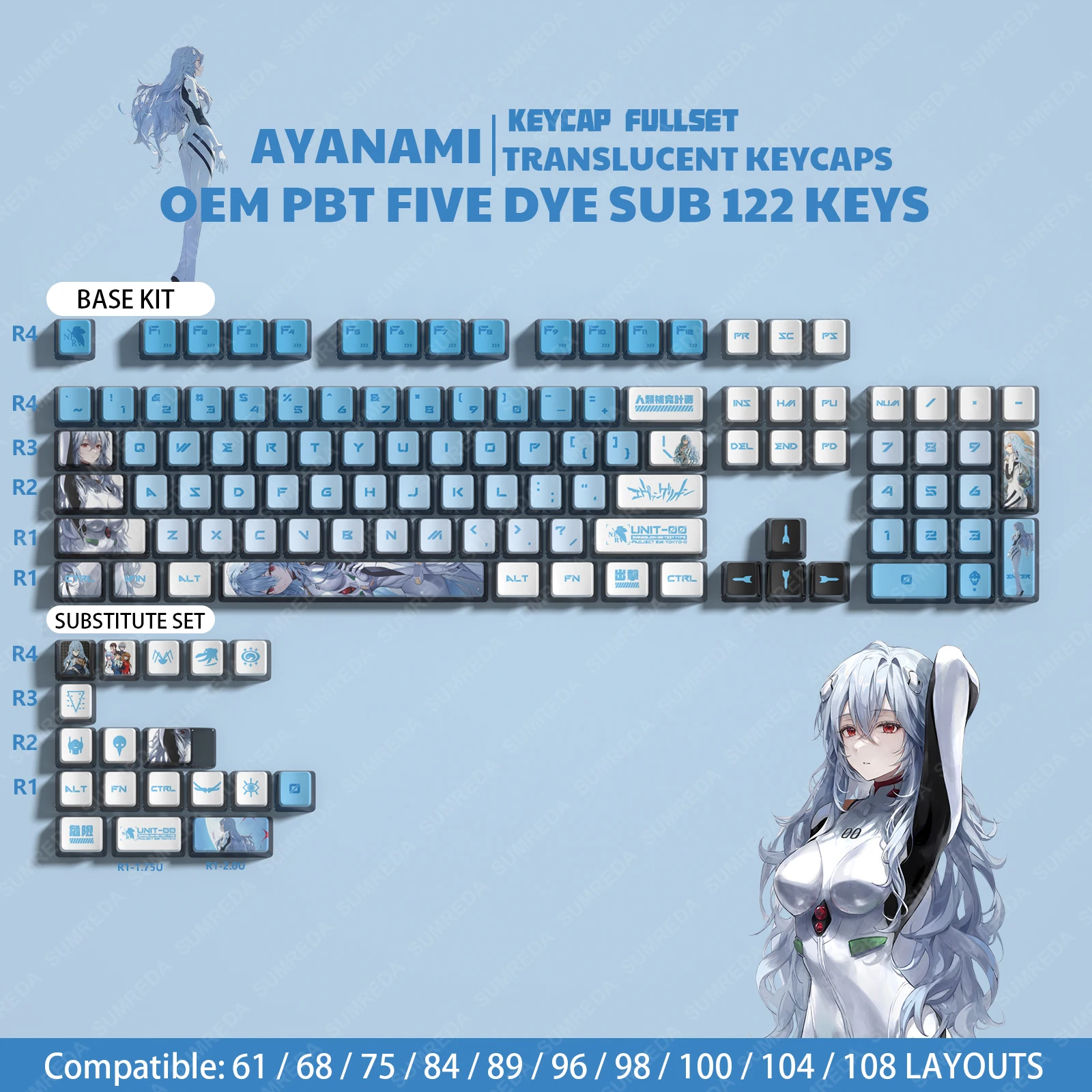 Desenhos Animados Anime Keycap Keycap Translúcido Retroiluminado Oem Pbt Dye Sub Pudim Eva Rainy75 Sugar65 Hi75 Hi8