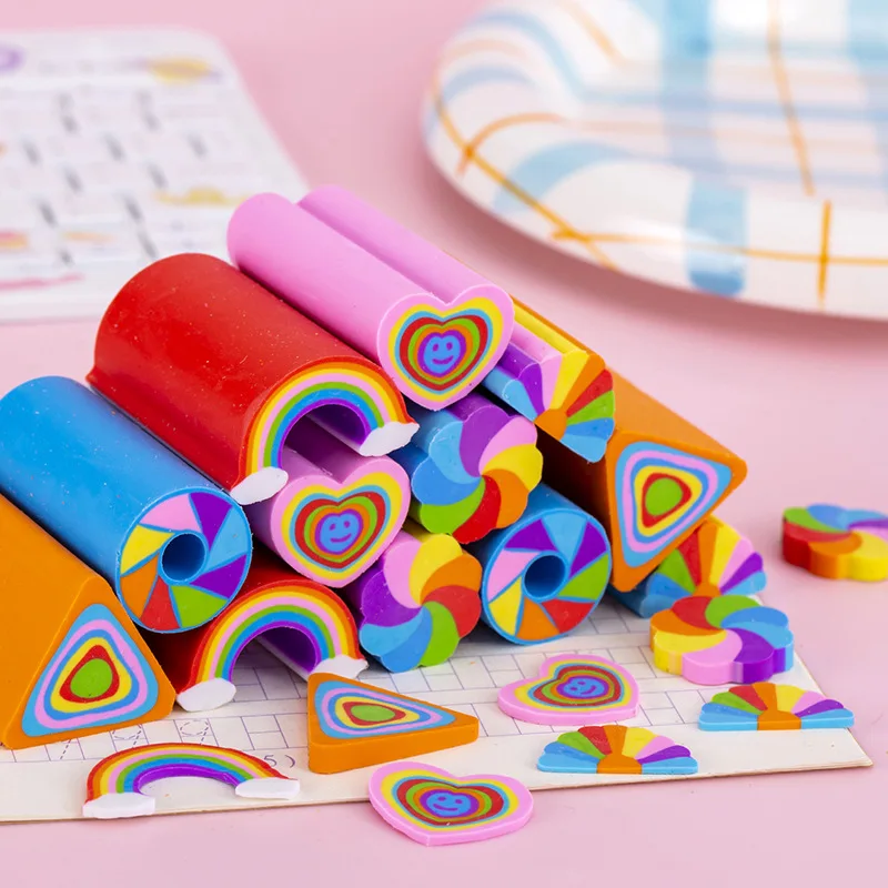 6Pcs/Lot Cute Cartoon Cutting Eraser Kawaii Rainbow Love Heart Soft Rubber Kids Pencil Eraser Office School Stationery