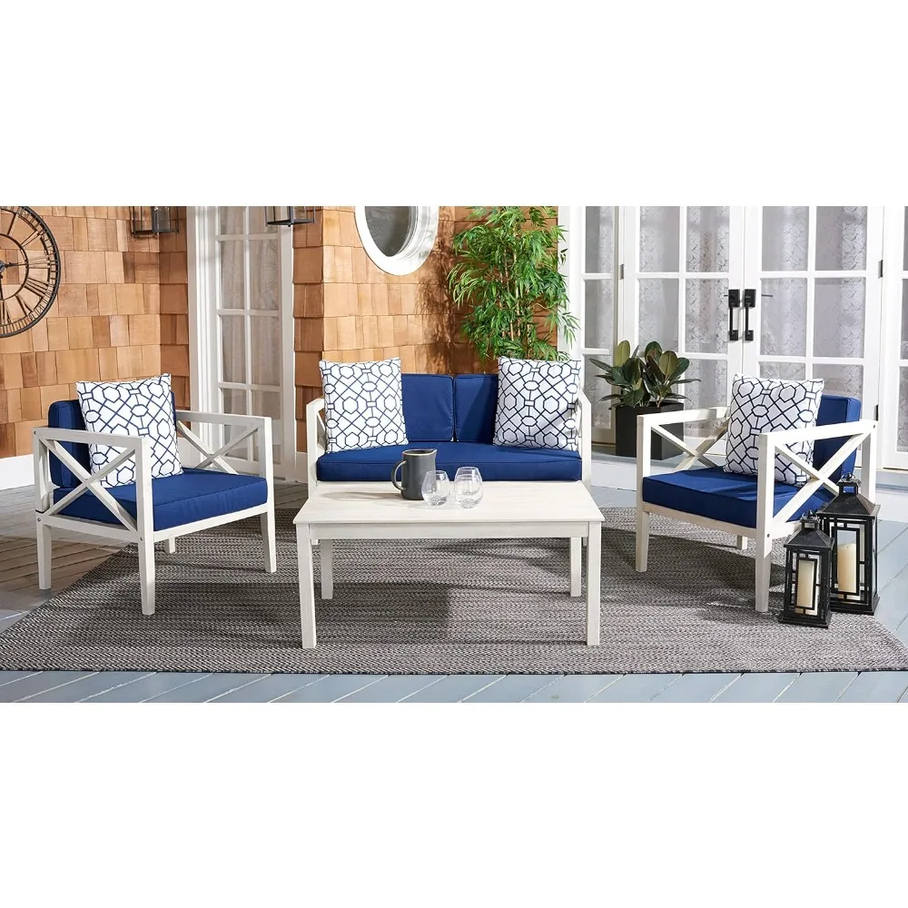 

Outdoor Collection Blue Cushion 4-Piece Conversation Patio Set With Accent Dining Table Set of Garden Furniture Dining Room Sets
