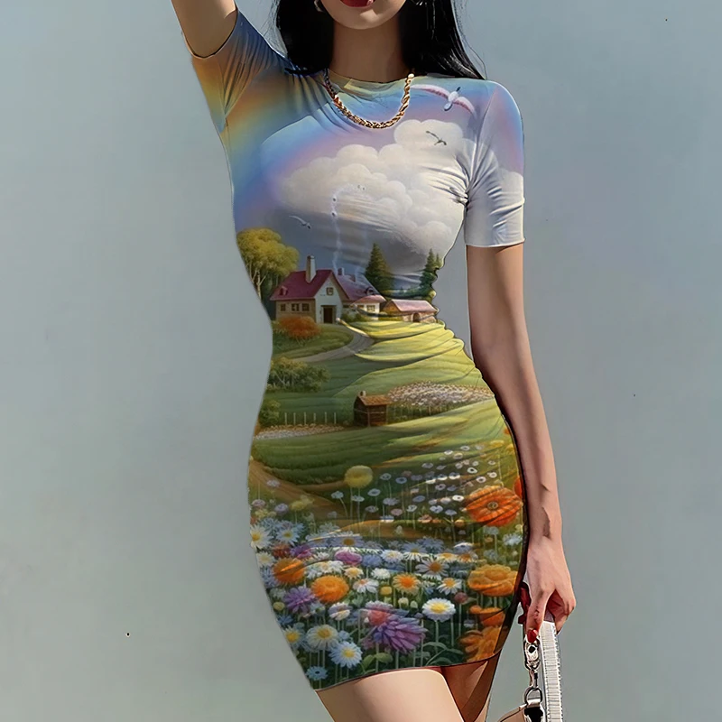

Summer new ladies slim dress garden house 3D printed lady dress beautiful style ladies slim dress fashion ladies slim dress