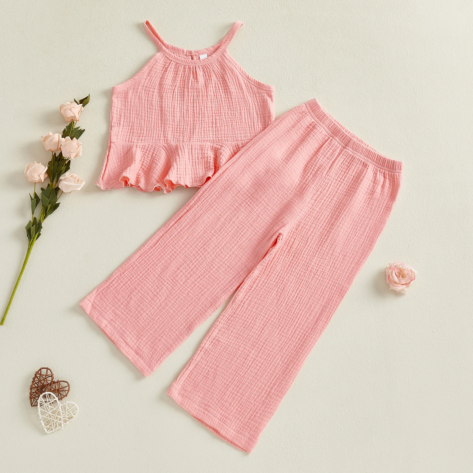 Summer Cotton Linen Baby Girl 2Pcs Summer Outfits Sleeveless Ruffle Cami Tops + Wide Leg Pants Set Casual Toddler Clothes Set