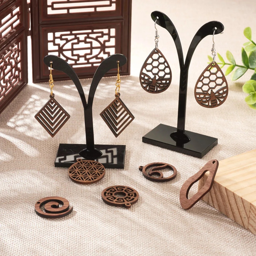 1Box Walnut Wood Pendants for Dangle Earring Making Hollow Leaf Teardrop Earring Wooden Charms with Hook Jump Rings Jewelry Kits