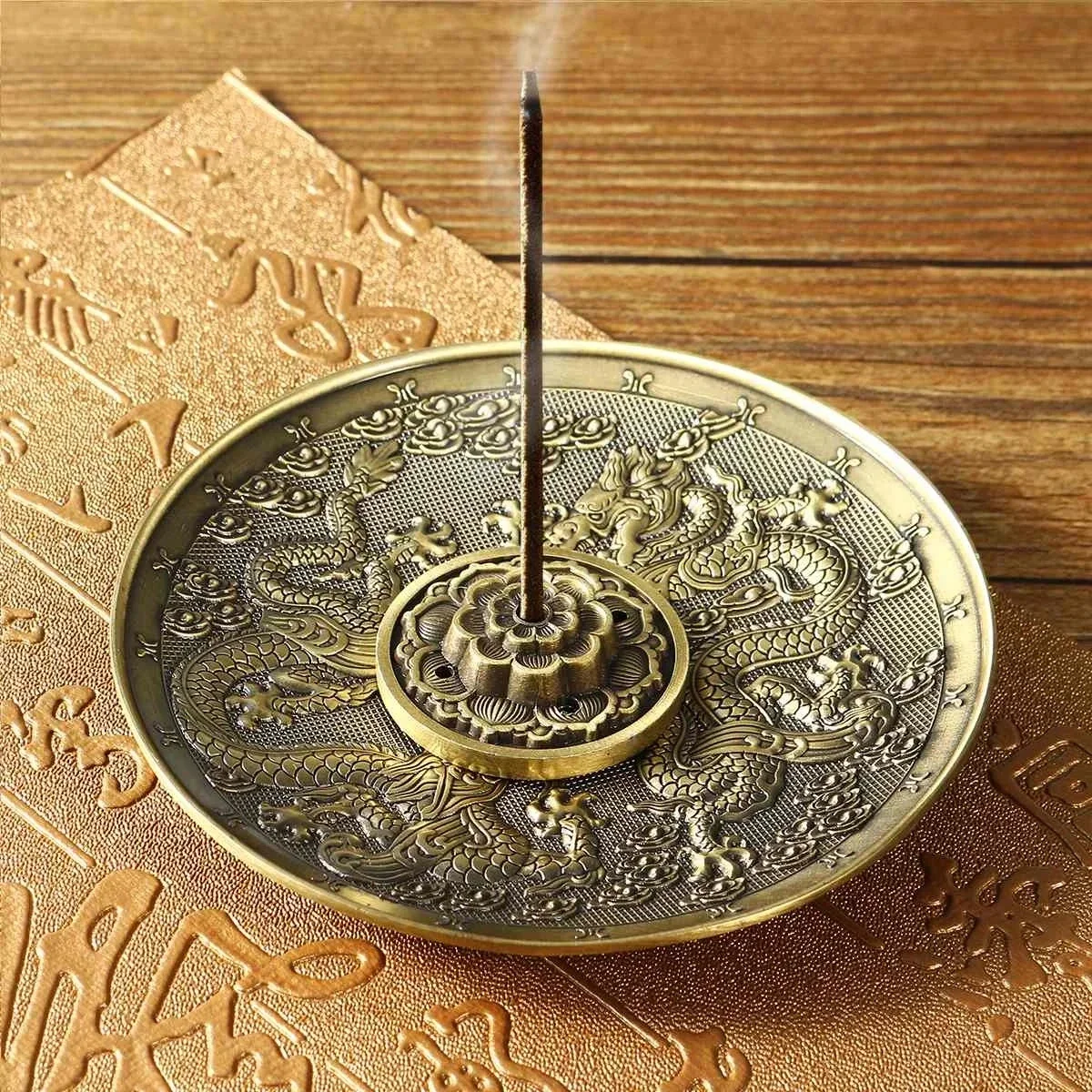 

F Retro Incense Holder Metal Dragon and Phoenix Lotus Incense Burners for Incense Sticks Cone Censer Plate Buddhism Home Decor