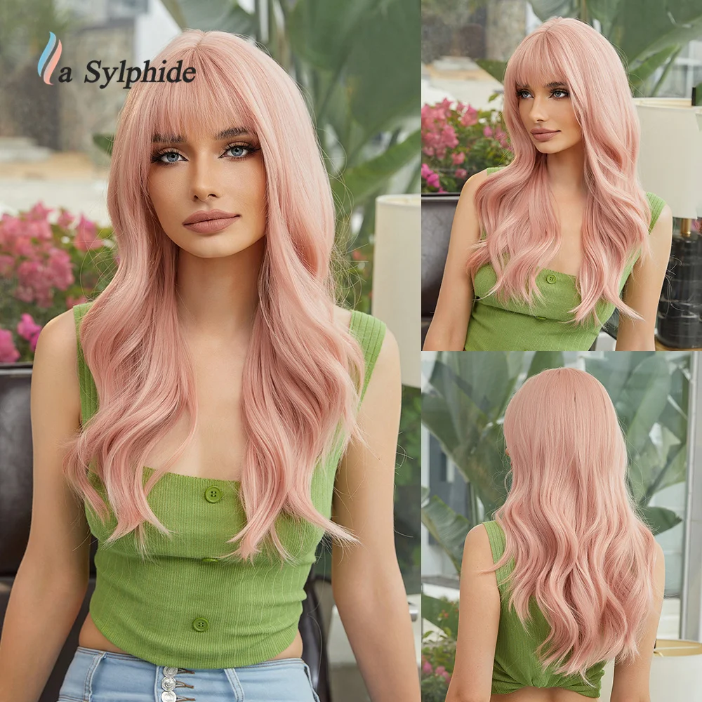 

La Sylphide Long Wavy Pink Wig with Bangs High Quality Synthetic Wigs Party Cosplay Women Wig Heat Resistant Hair