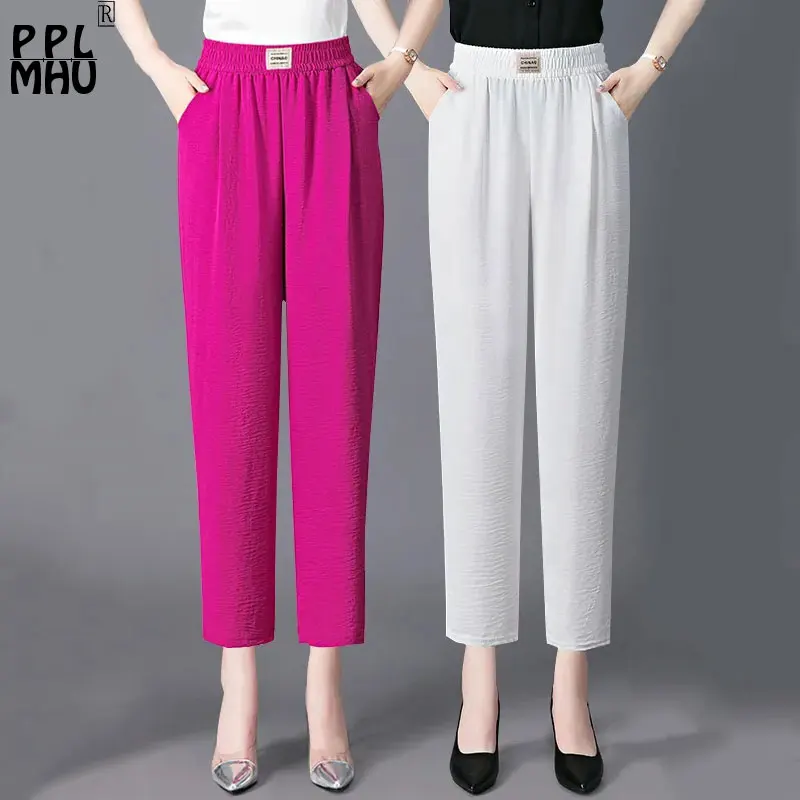 

Summer Silk Casual Harem Pants Women Candy Color Elastic High Waist Baggy Pantalones Ankle Length Trousers Basic Jogger Capris