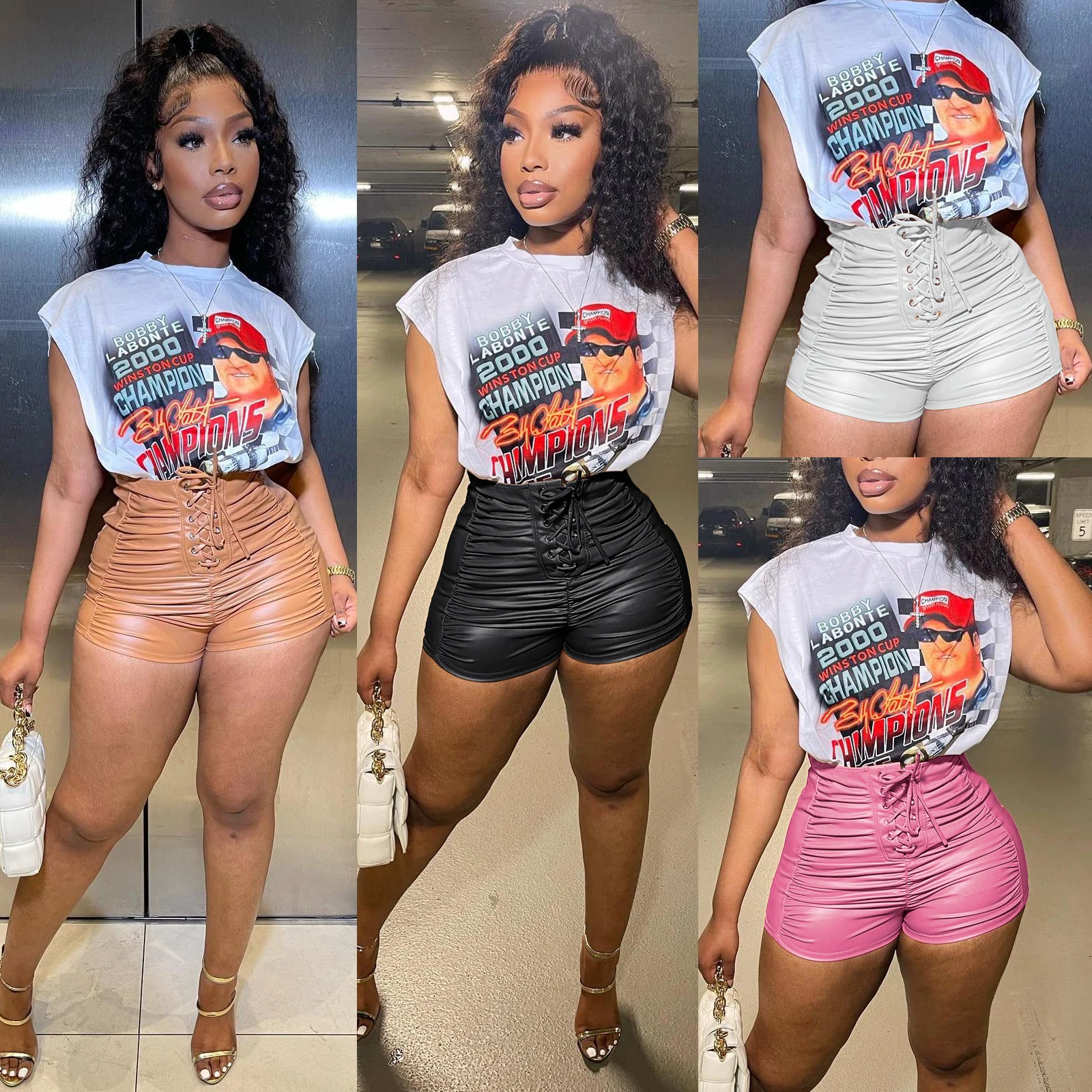 

Leather Ruched Shorts Pants Black Bandage Lace Up Pleated PU Sexy Party Club White Fitness Bottoms 2022 Summer Fashion Clothes