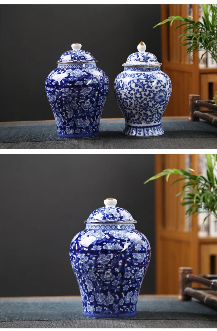 Description Picture 2 of itemGold-plated Ceramic Storage Jar Blue and White Porcelain Tea Jar Vintage Porcelain Storage Container Sealed Pot Art Decoration