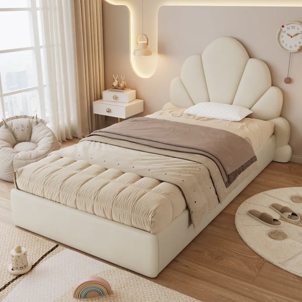 Gepolstertes Doppelbett, Kopfteil mit gebogenen Blütenblättern, stilvoll und bequem, moderner Bettrahmen, Samt, Beige, 140 x 200 cm – Detail 28