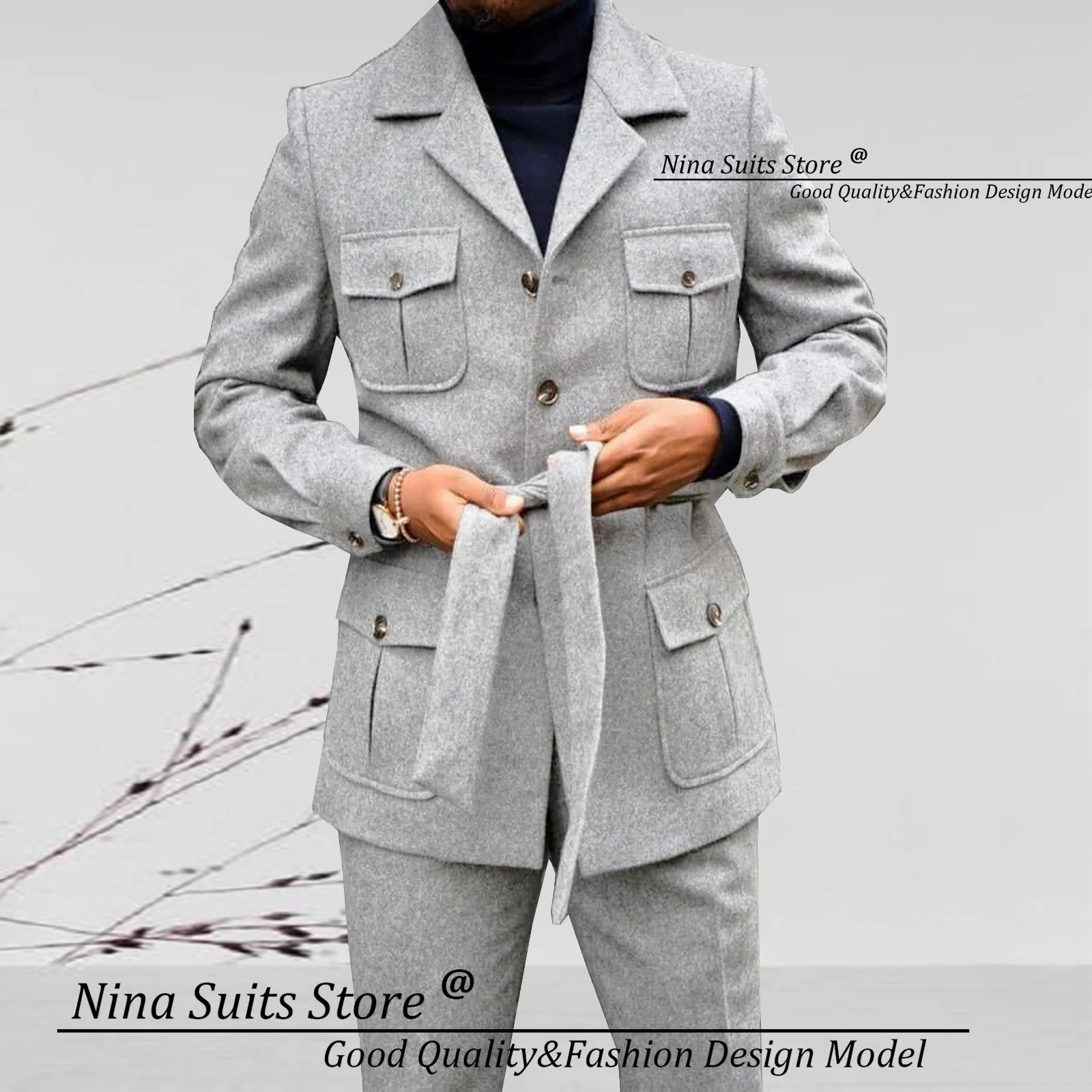 Gwenhwyfar Winter Blazer Pants set Men Party Tuxedos White Grey Tweed Formal Men Suits Made Business Suits with Belt