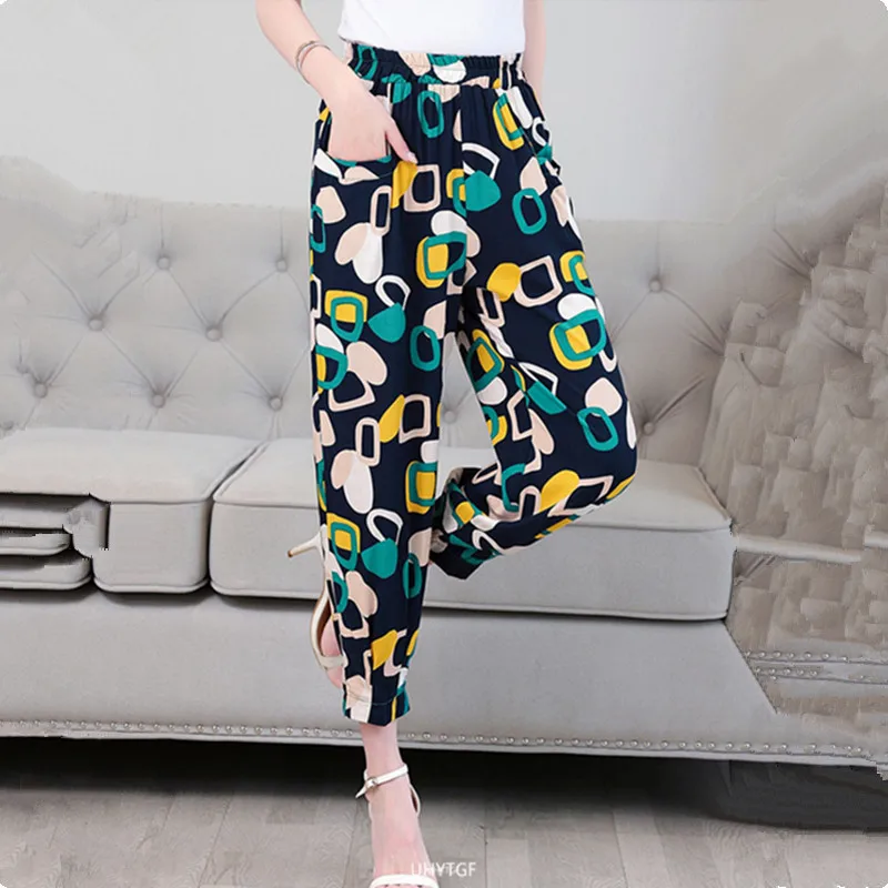 UHYTGF 2022 Cotton Silk Summer Pants Women Printed Elastic High Waist Casual Female Thin Trousers Mom Big Size Sports Pants 1777