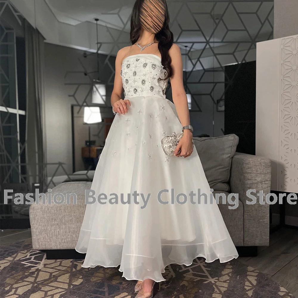 

Sparkling Graduation Dress Rhinestone Strapless Applique Organza Prom Gown A-Line Ankle-Length Formal Evening Gown for Women