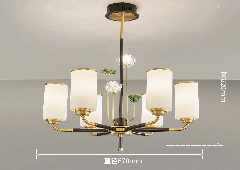 Lotus Zen Chinese Style Villa LED Chandelier New Chinese Style Full Copper Chandelier Living Room Light Modern Simple Home Use