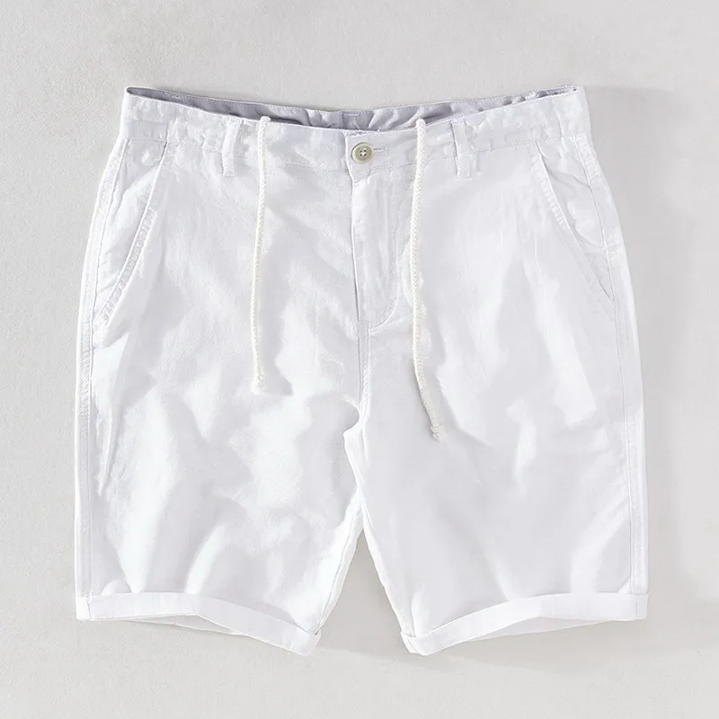 Cotton Linen Shorts for Men Summer New Solid White Straight Loose Holiday Shorts Man Casual  Button Fly Short Pants 037 2