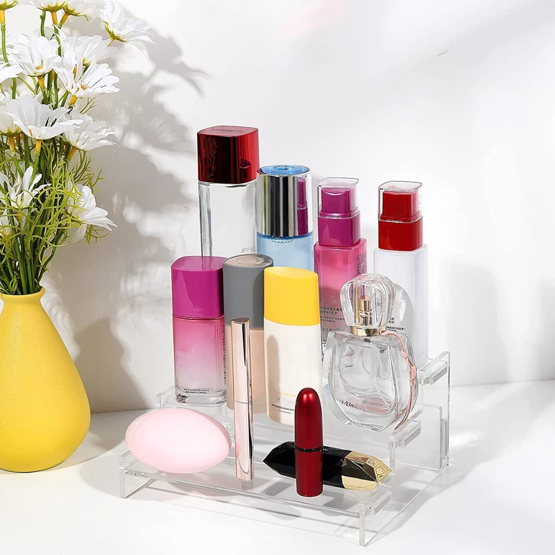 블라인드 박스 장난감, 자동차 모델, 보석, 향수 용 데스크탑 스토리지 선반 용 3 층 투명 아크릴 사다리꼴 디스플레이 스탠드