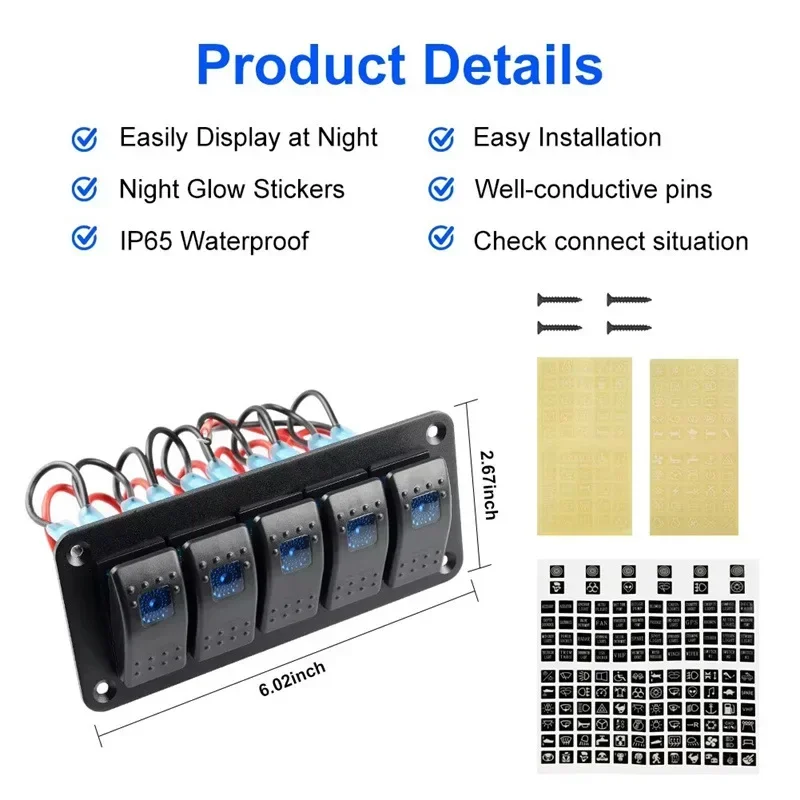 12/24V Switch Panel 8 Gang Marine Car Boat Aluminum 5 Pin On/Off Toggle Switches with Night Glow Stickers for RV Truck Vehicle