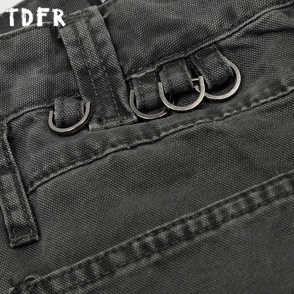 Retro Cargo Jeans Mens Spliced Washed Distressed Streetwear Loose Straight Denim Pants Men