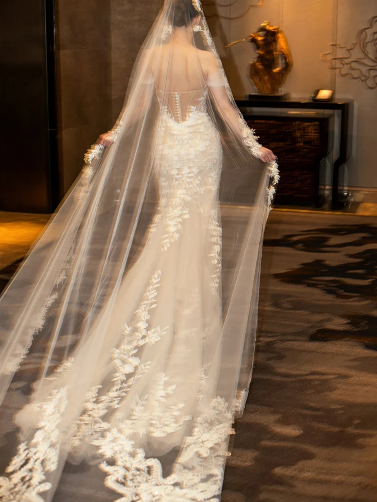 Long Cathedral Length Bridal Veils Appliques Stock Wedding Veils Wedding Accessories
