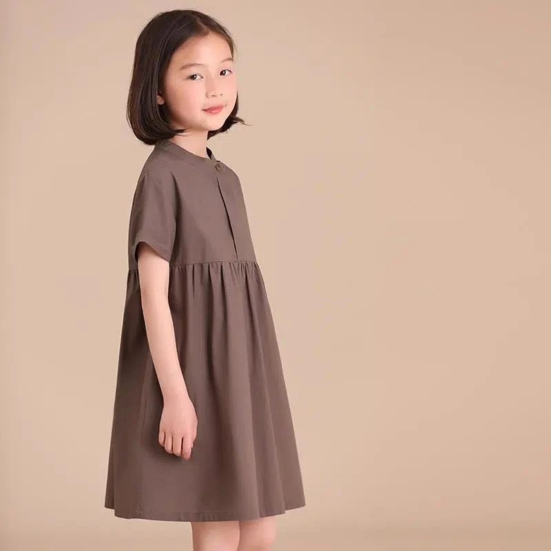 

Summer Girls Short Sleeve Dress Children Cotton Stand Collar Casual Dress Girl Clothing in Coffee 4-14 Years Girls Clothes