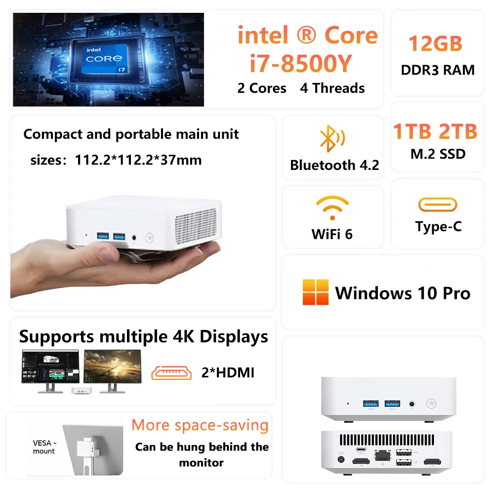 2025년형 휴대용 미니 PC 인텔 코어 i7-8500Y 윈도우 10 컴퓨터 12GB DDR3 1TB/2TB SSD Wifi6 BT4.2 4K HD 그래픽 데스크탑 게이밍 PC