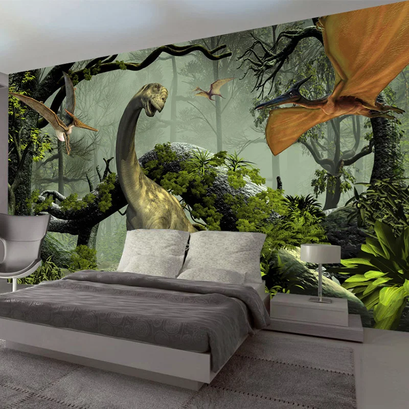 Papel de Parede 3d Stereo Dinosaur Theme Murais Grandes Floresta Primitiva Sala Quarto Decoração do Fundo Papel de Parede Mural