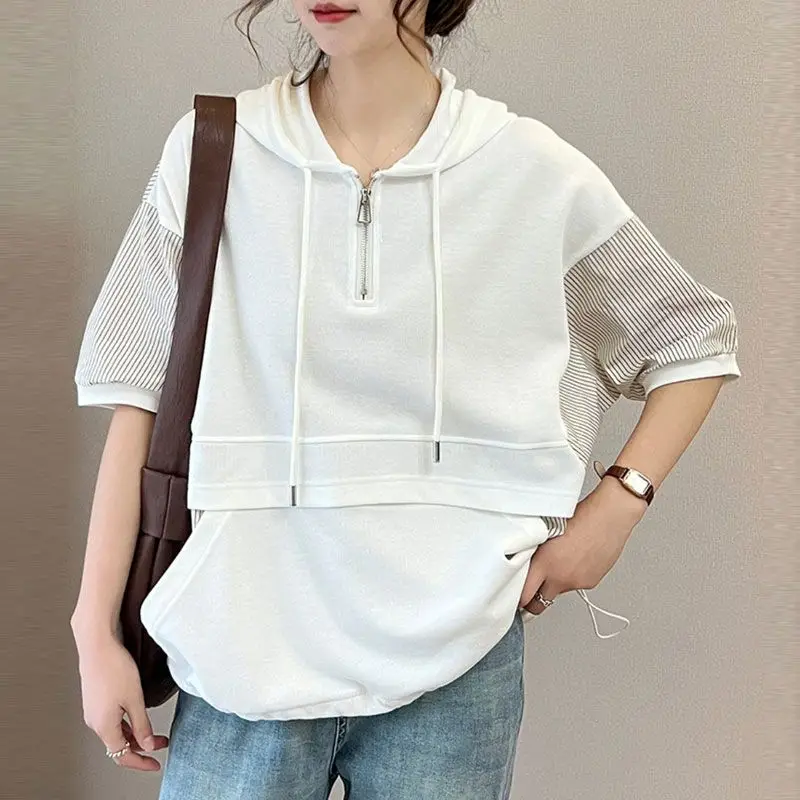 2024 New Summer Casual Minimalist Patchwork Contrasting Stripes Loose and Versatile Slimming Zipper Drawstring Hoodie for Women