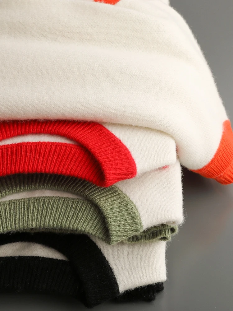 Merino Crewneck Sweater    Chic Men's round O-neck woolen pullovers 100% Merino Wool knitwear for man Fall Autumn Winter Mens thick soft warm knitted smart casual long sleeves crew neck tops workwear wfh clothing in beige with orange-, red-, green-, black-, highlights