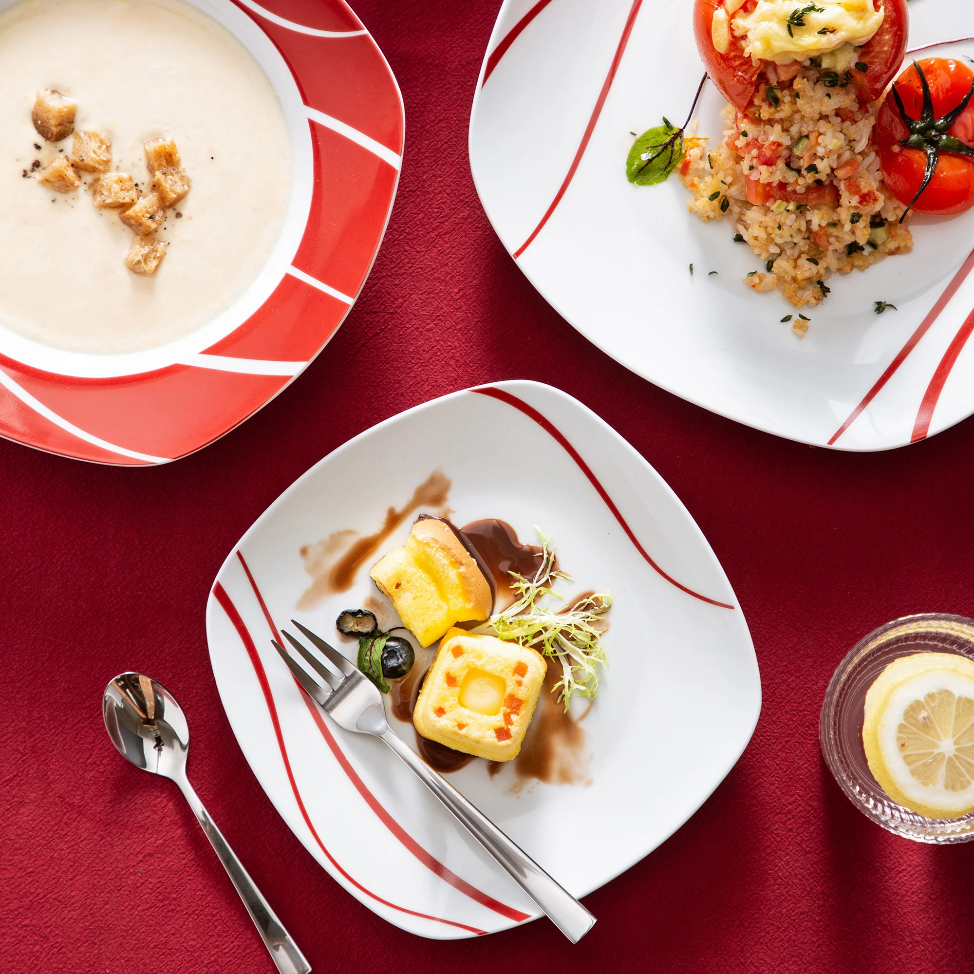 MALACASA 18/36-teiliges Porzellan-Geschirrset mit roten Streifen, Geschirrset mit 6-teiligem Dessert-Suppen-Teller-Service für 6 Personen – Detail 8