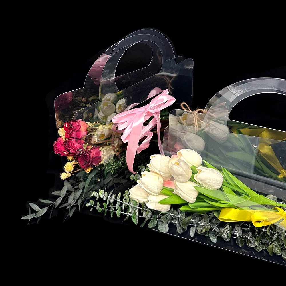 Bolsa de flores transparente con asa, caja de ramo de flores frescas para cumpleaños, envoltura de flores rosas, caja de regalo para el Día de San Valentín, 5/10 piezas