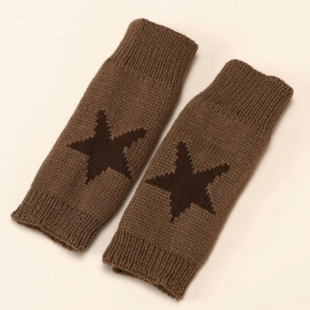 

Fleece Lined Gloves Knitted Half Finger Winter Typing Gloves with Star Print Anti-slip Wrist Protection Heat for Students