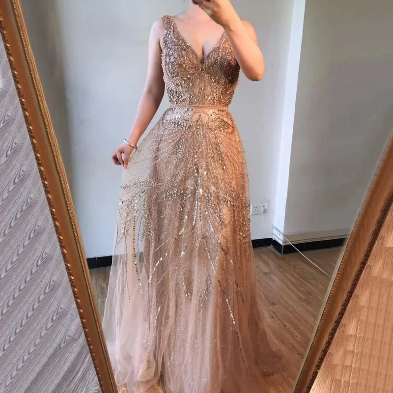 

Rose Gold V Neck A line Pearls Beaded Sleeveless Sexy Prom Dresses Customized Best Price Women Long Gowns For Evening Party
