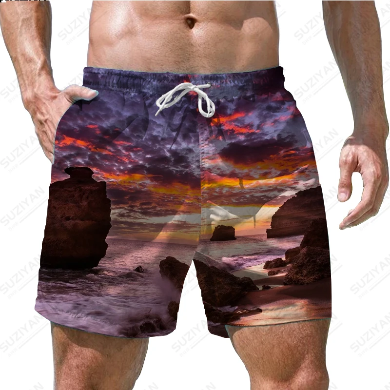 Summer New Men's Shorts Beach Pants Sky Landscape 3D Print Hawaiian Leisure Beach Style Men's Drawstring Home Basketball Shorts