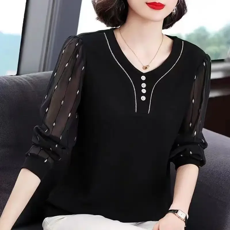 

Summer V-Neck Long Sleeve Solid Button Casual Women's Clothing Blouse Loose Fashion TShirts Gauze Hollow Out Patchwork Top Z122