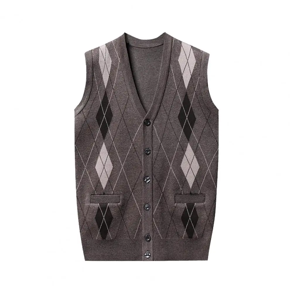 Geometric Pattern Cardigan Mid-aged Men's V Neck Cardigan Vest Pockets Autumn Winter Sleeveless Knitted Male