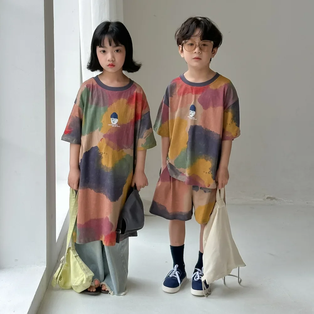 

Children Clothing Set 2024 Summer Korean Style Letter Graffiti Boys T-shirt Shorts Two-piece Set Girls Casual Dress Kids Clothes